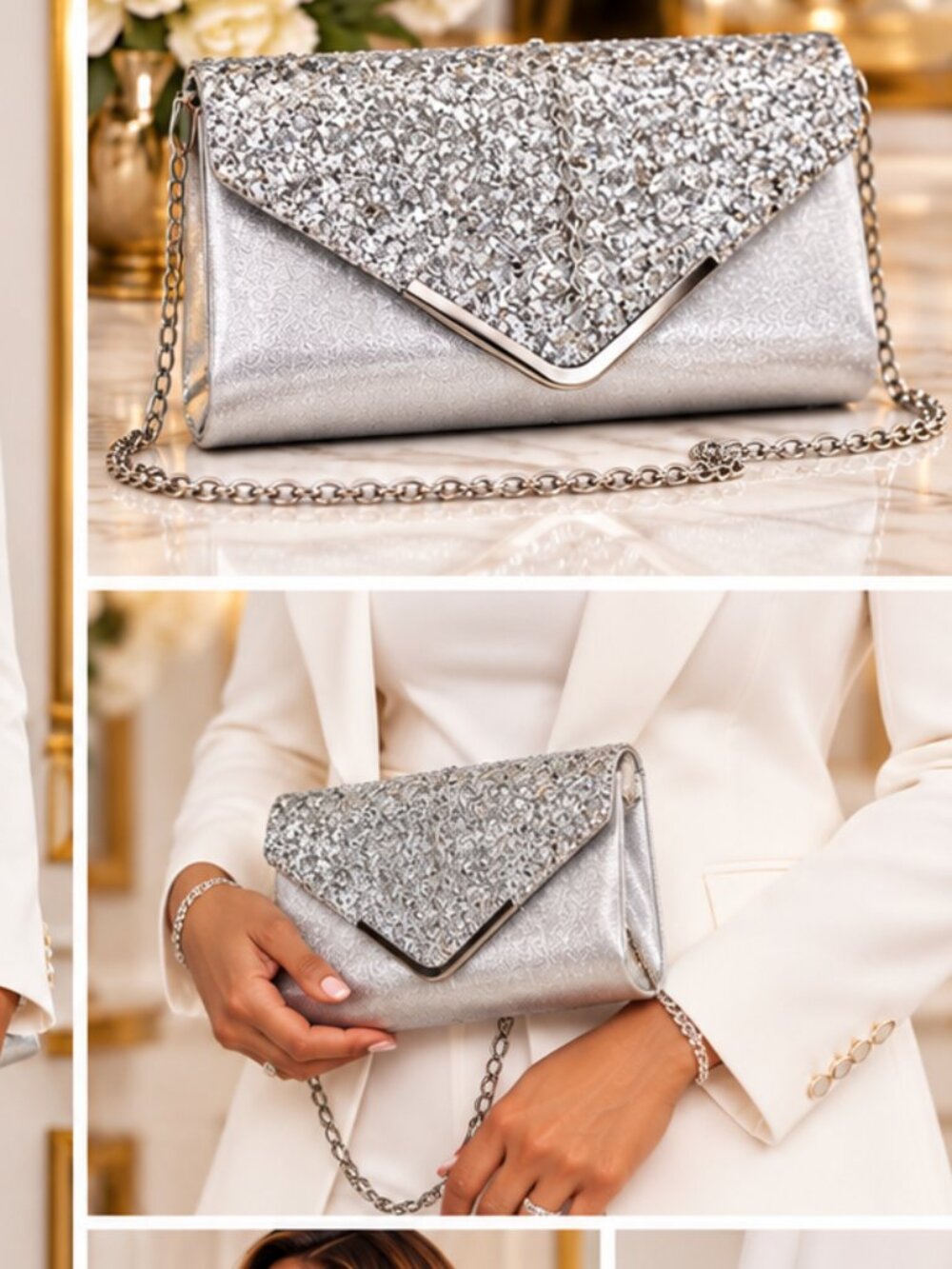 Silver Glitter Evening Clutch Purse Chain Strap Wedding Party Bag